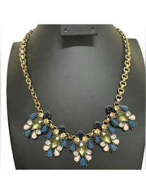Vivi statement necklace five faux stone clusters gold tone chain blue green EUC